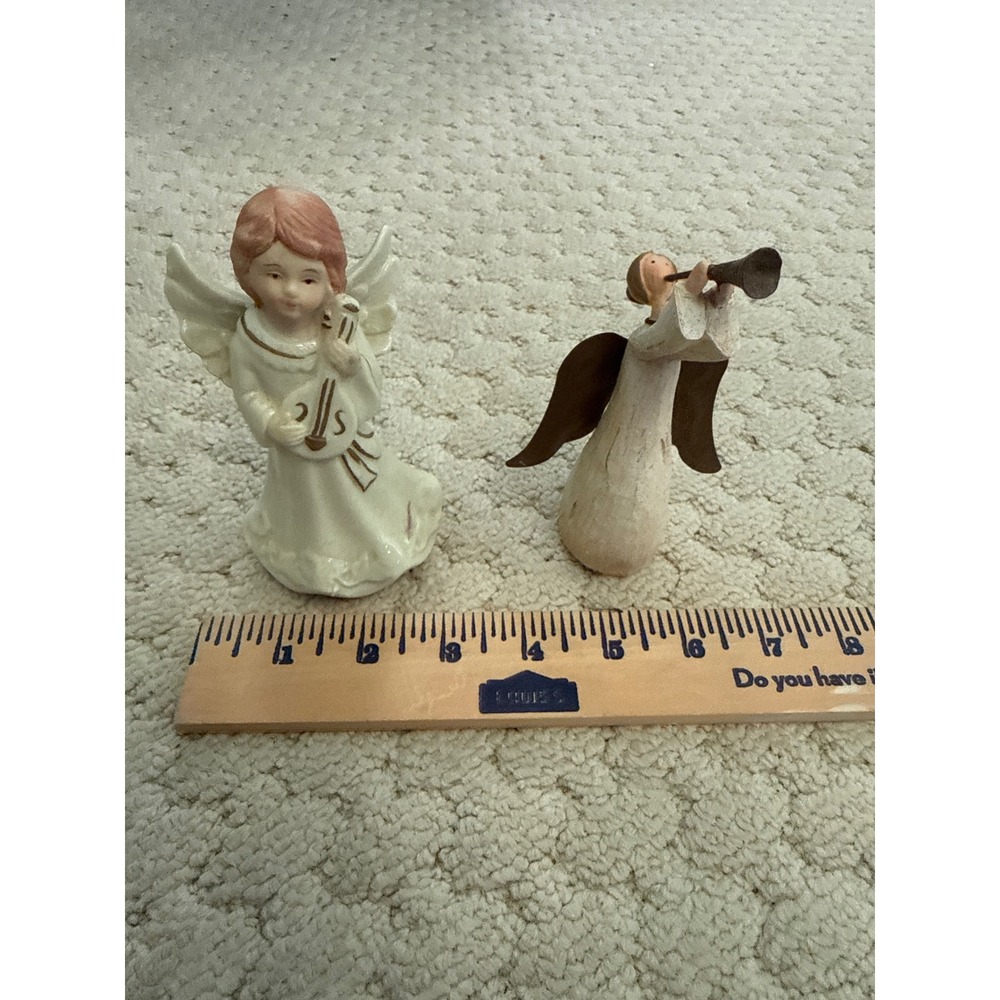 Set of 2 Vintage Musical Angel Figurines Porcelain and Rustic Look Trumpet Harp